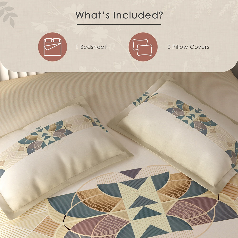 Spaces Vortex Geometric 100% Cotton Crafted Comfort Large Bedsheet with 2 Pillow Covers - 108 x 108 Inches, Beige