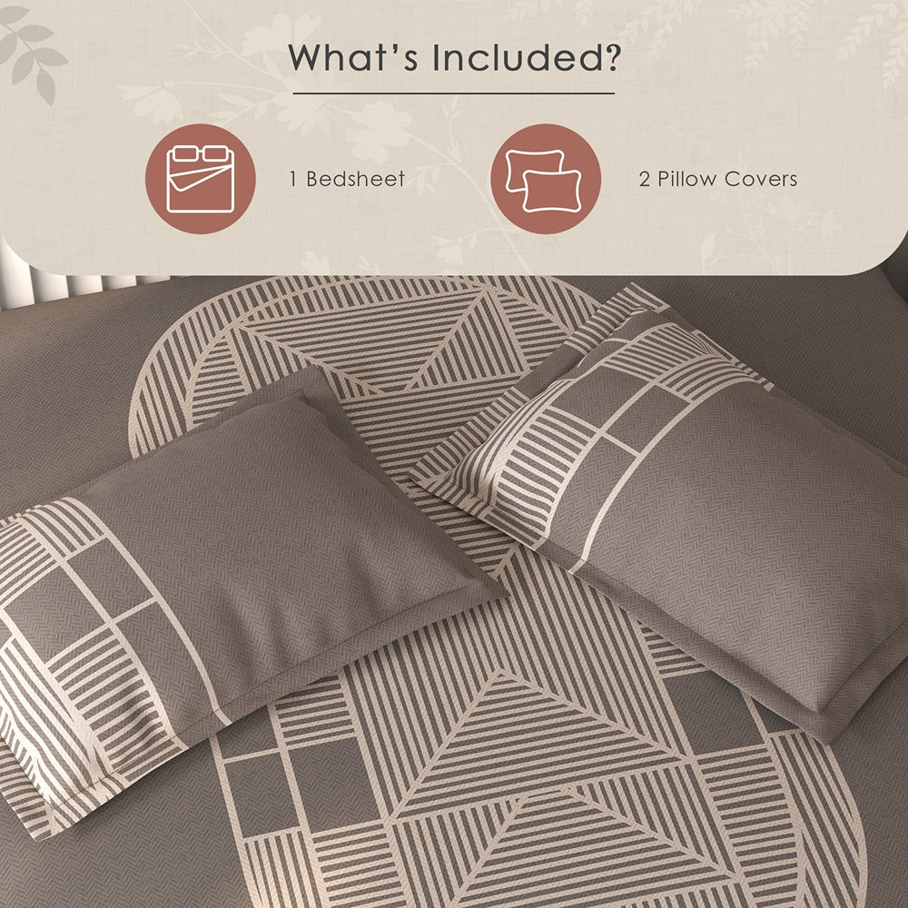 Spaces Vortex Geometric 100% Cotton Crafted Comfort Large Bedsheet with 2 Pillow Covers - 108 x 108 Inches, Brown