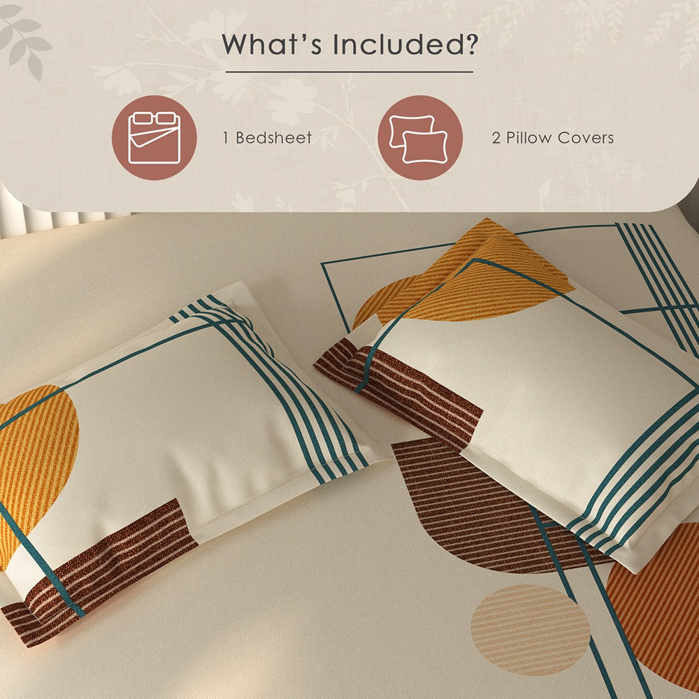 Spaces Vortex Geometric 100% Cotton Crafted Comfort Large Bedsheet with 2 Pillow Covers - 108 x 108 Inches, Light Yellow