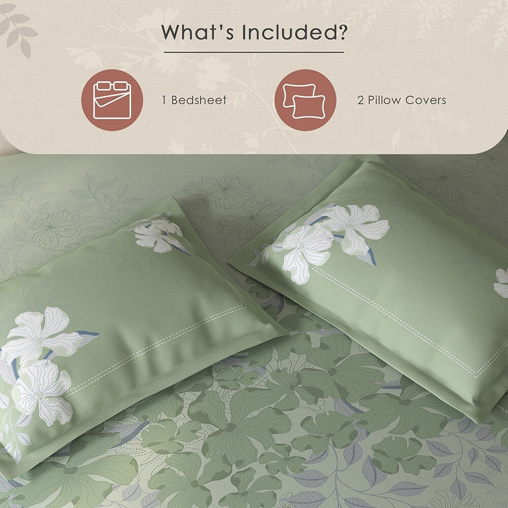 Spaces Fiora Floral 100% Cotton Large Bedsheet with 2 Pillow Covers - 108 x 108 Inches, Light Aqua
