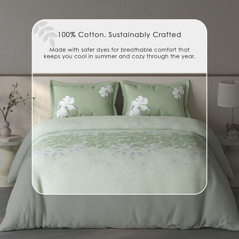 Spaces Fiora Floral 100% Cotton Large Bedsheet with 2 Pillow Covers - 108 x 108 Inches, Light Aqua