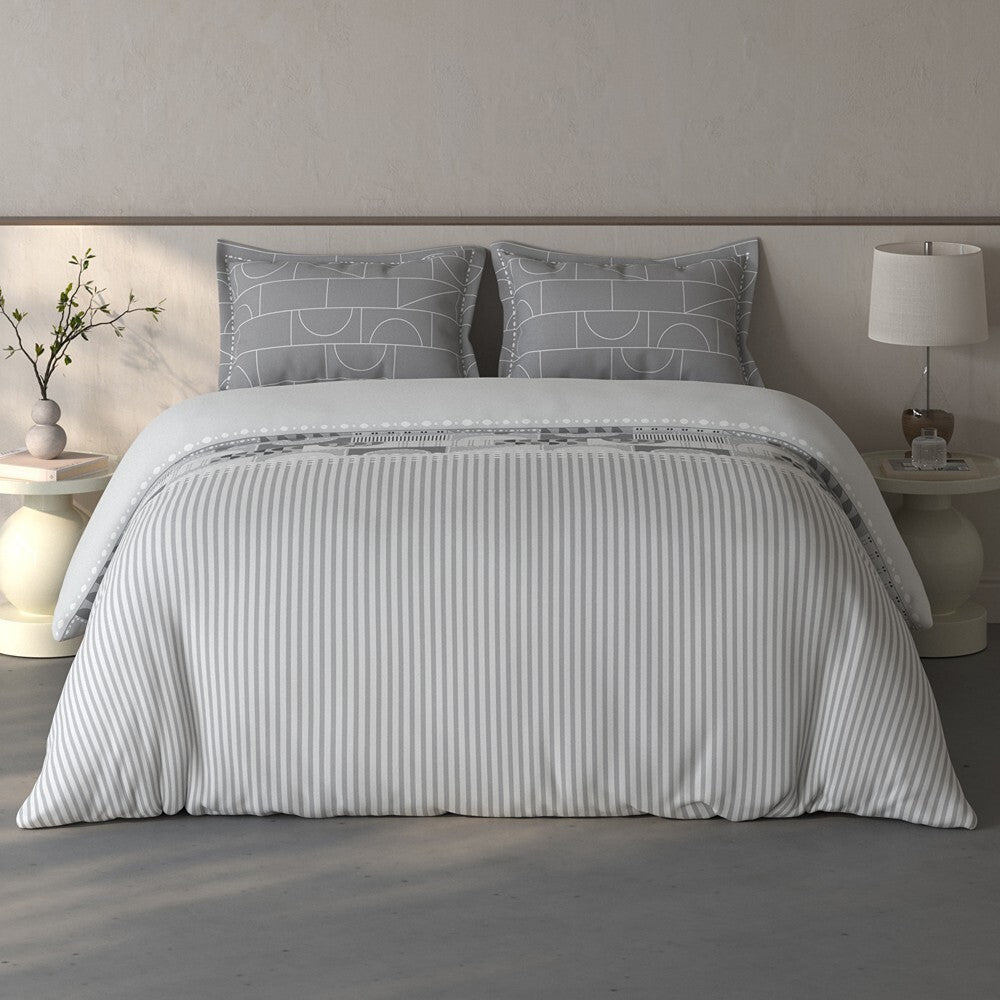 Spaces Fiora Geometric 100% Cotton Large Bedsheet with 2 Pillow Covers - 108 x 108 Inches, Light Grey