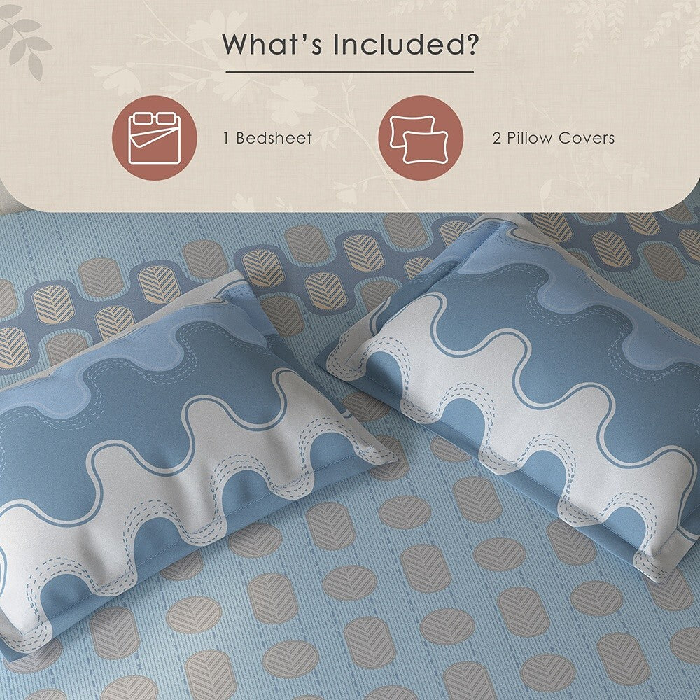 Spaces Fiora Geometric 100% Cotton Large Bedsheet with 2 Pillow Covers - 108 x 108 Inches, Blue