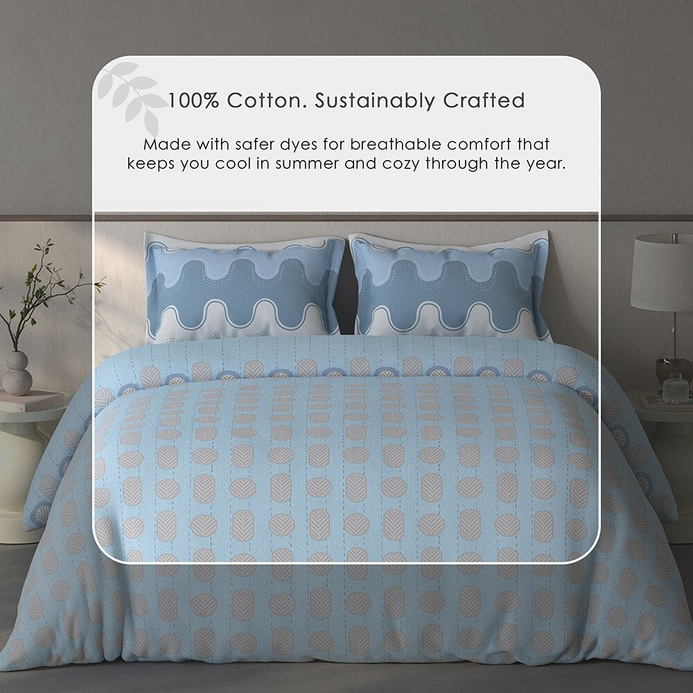 Spaces Fiora Geometric 100% Cotton Large Bedsheet with 2 Pillow Covers - 108 x 108 Inches, Blue