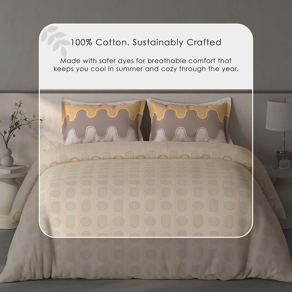 Spaces Fiora Geometric 100% Cotton Large Bedsheet with 2 Pillow Covers - 108 x 108 Inches, Beige