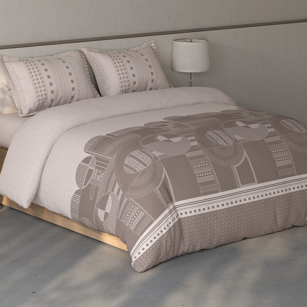 Spaces Fiora Geometric 100% Cotton Large Bedsheet with 2 Pillow Covers - 108 x 108 Inches, Light Taupe
