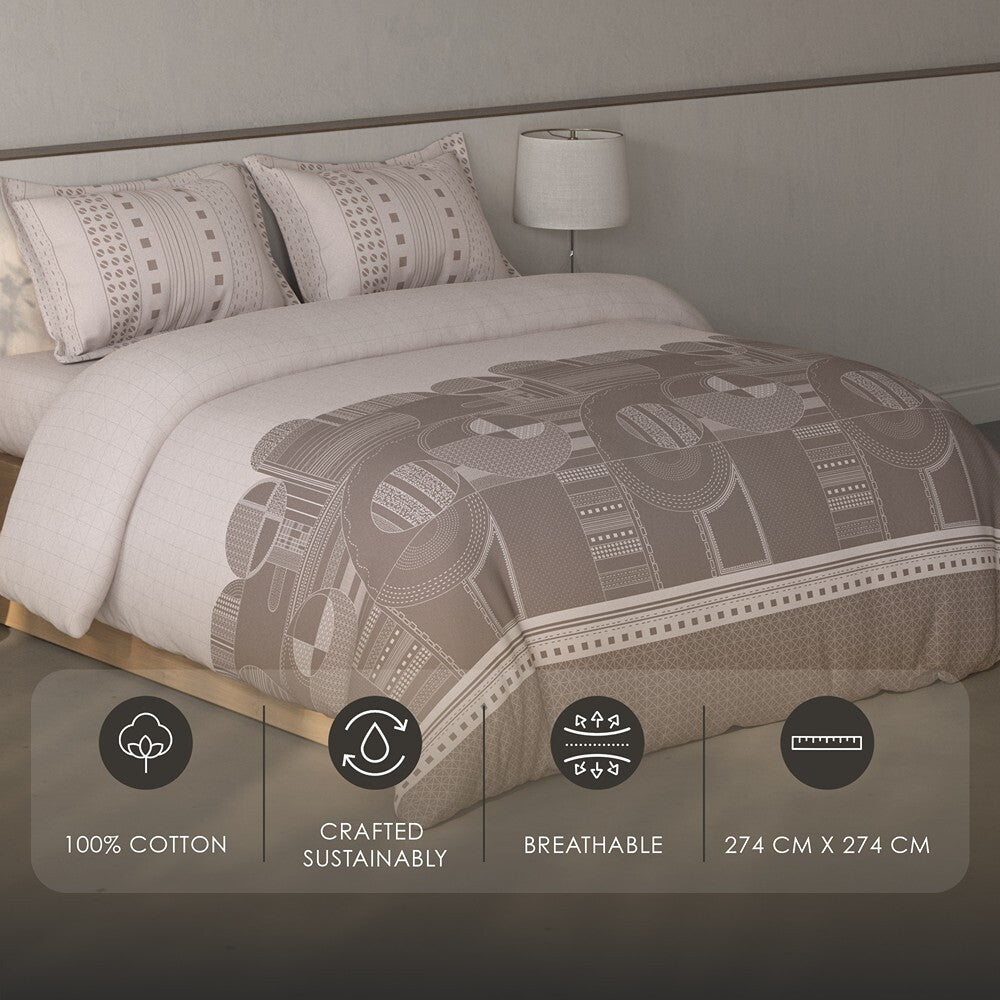 Spaces Fiora Geometric 100% Cotton Large Bedsheet with 2 Pillow Covers - 108 x 108 Inches, Light Taupe