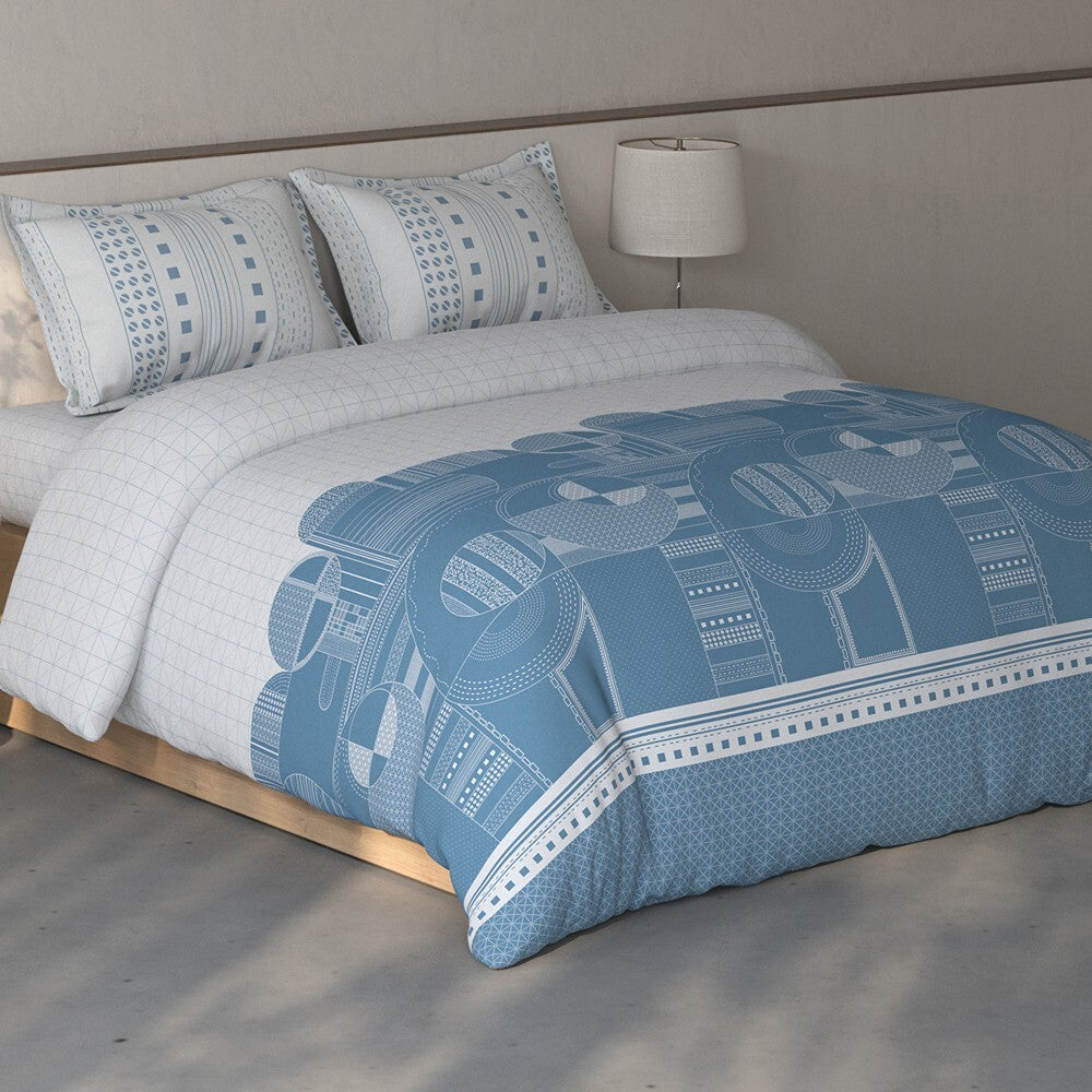 Spaces Fiora Geometric 100% Cotton Large Bedsheet with 2 Pillow Covers - 108 x 108 Inches, Light Grey