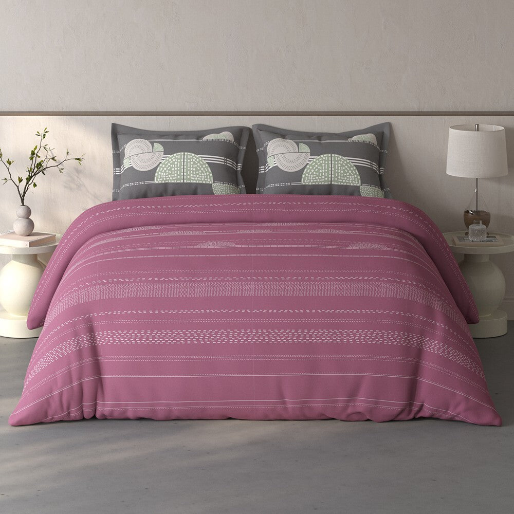 Spaces Fiora Geometric 100% Cotton Large Bedsheet with 2 Pillow Covers - 108 x 108 Inches, Dark Blush