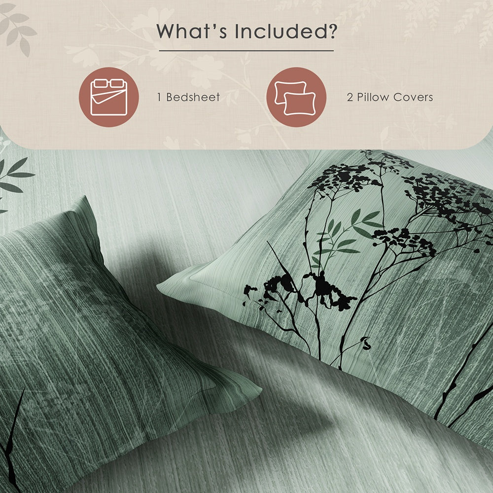 Spaces Neo Floral 100% Cotton Large Bedsheet with 2 Pillow Covers - 108 x 108 Inches, Light Green