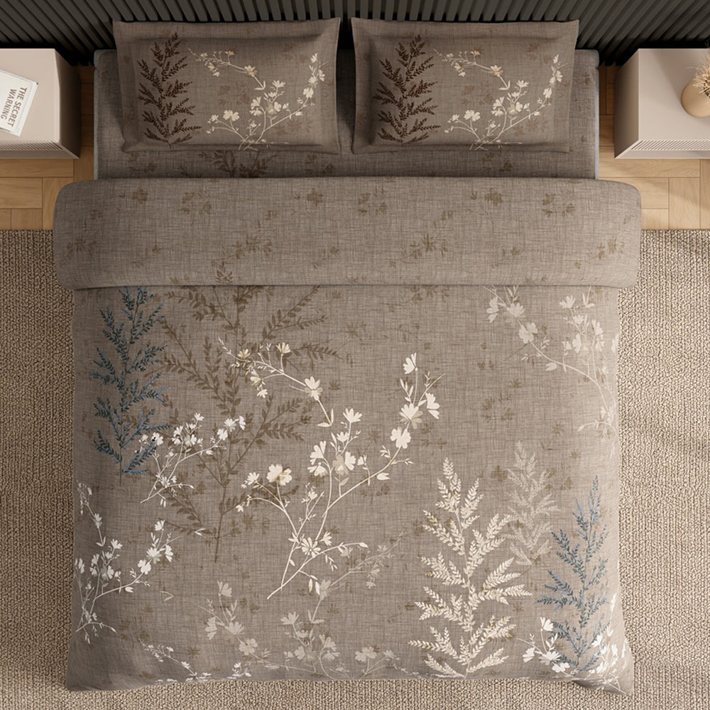 Spaces Neo Floral 100% Cotton Large Bedsheet with 2 Pillow Covers - 108 x 108 Inches, Light Taupe