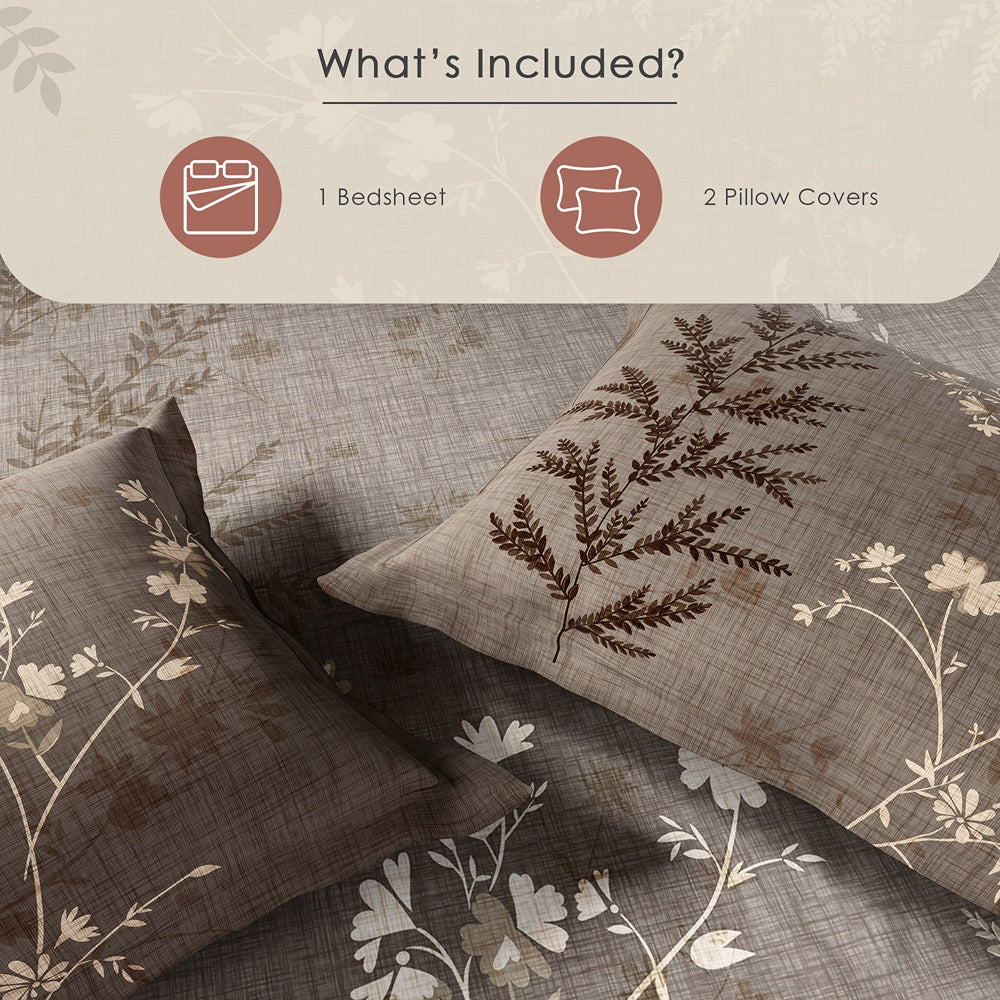 Spaces Neo Floral 100% Cotton Large Bedsheet with 2 Pillow Covers - 108 x 108 Inches, Light Taupe