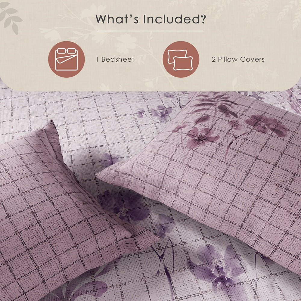 Spaces Neo Floral 100% Cotton Large Bedsheet with 2 Pillow Covers - 108 x 108 Inches, Light Blush
