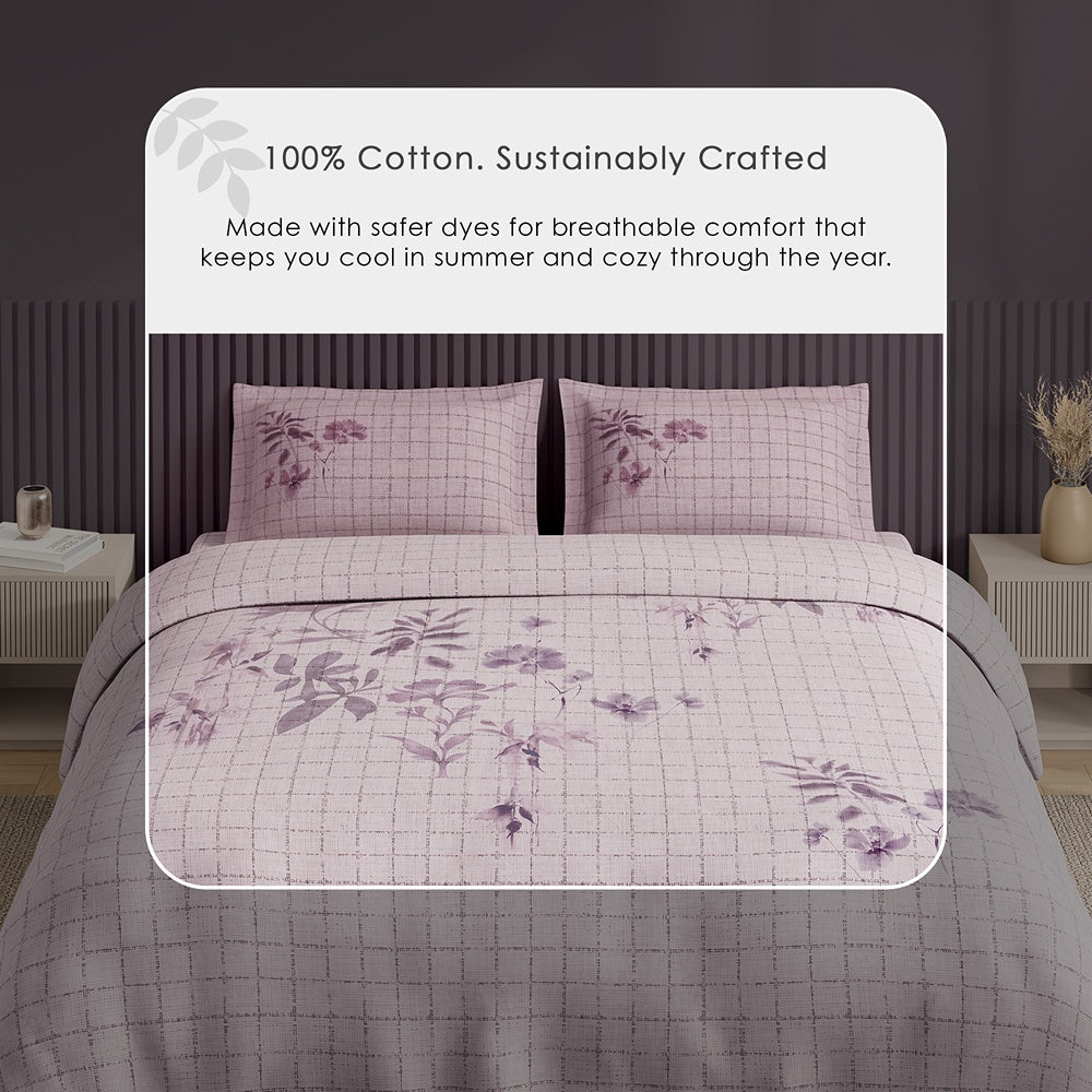 Spaces Neo Floral 100% Cotton Large Bedsheet with 2 Pillow Covers - 108 x 108 Inches, Light Blush