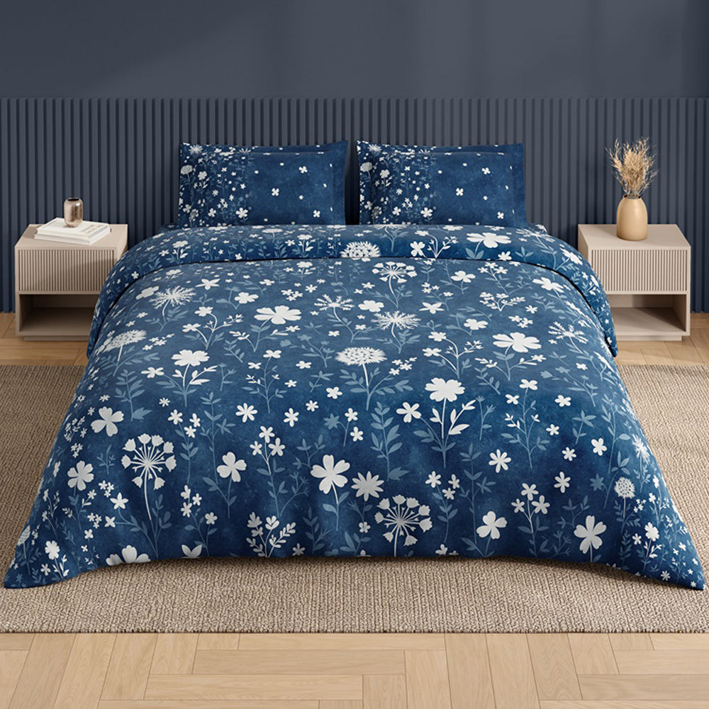 Spaces Neo Floral 100% Cotton Large Bedsheet with 2 Pillow Covers - 108 x 108 Inches, Dark Blue