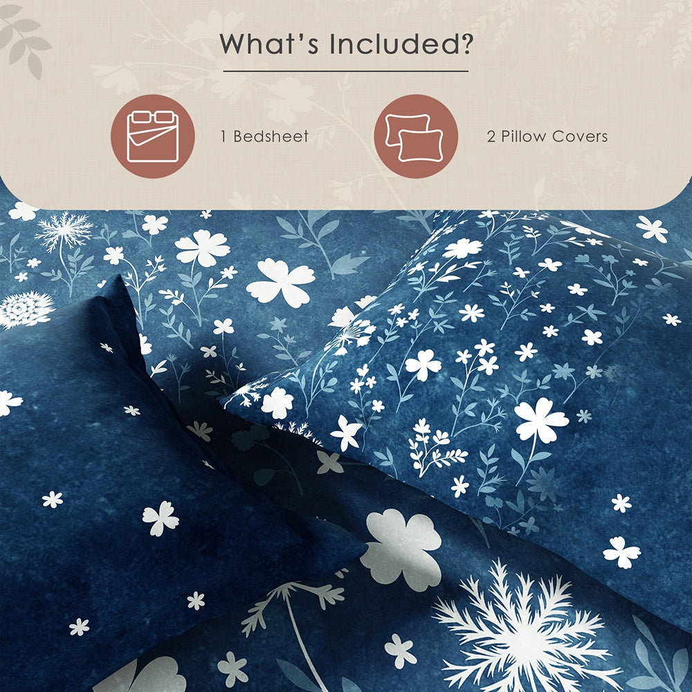 Spaces Neo Floral 100% Cotton Large Bedsheet with 2 Pillow Covers - 108 x 108 Inches, Dark Blue