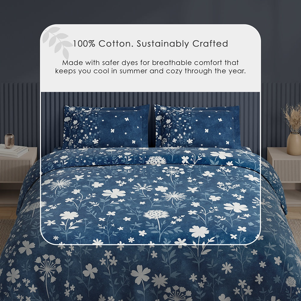 Spaces Neo Floral 100% Cotton Large Bedsheet with 2 Pillow Covers - 108 x 108 Inches, Dark Blue