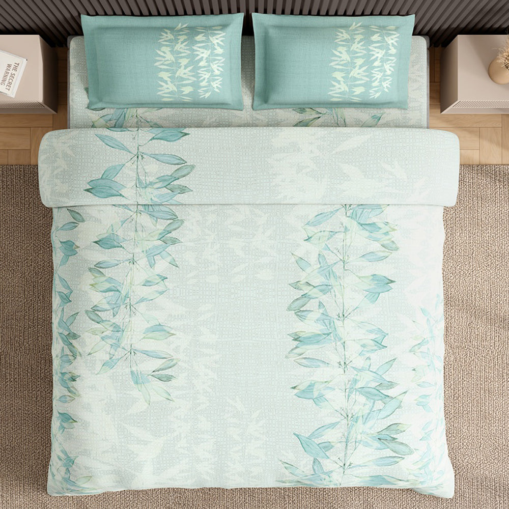 Spaces Neo Floral 100% Cotton Large Bedsheet with 2 Pillow Covers - 108 x 108 Inches, Light Blue