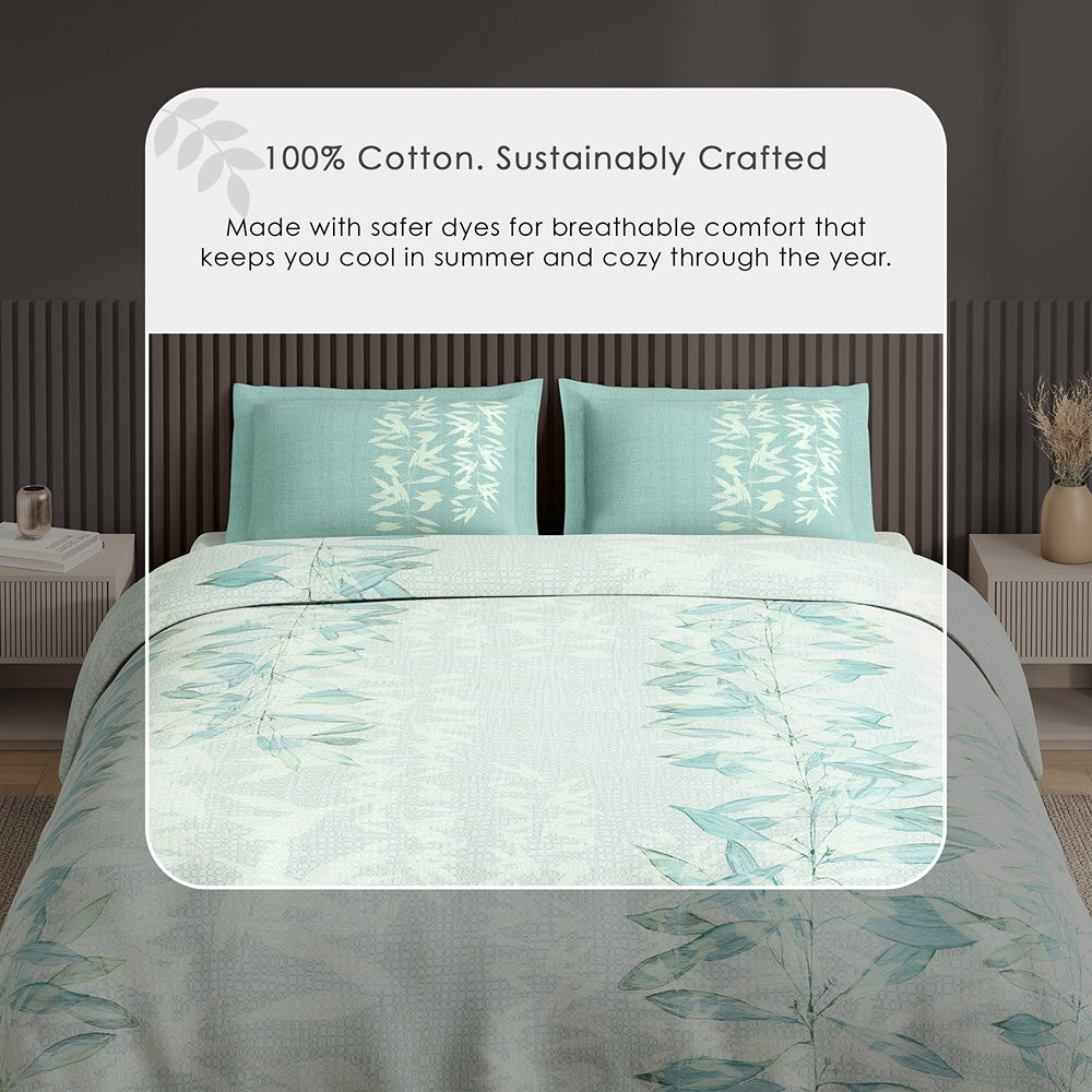 Spaces Neo Floral 100% Cotton Large Bedsheet with 2 Pillow Covers - 108 x 108 Inches, Light Blue
