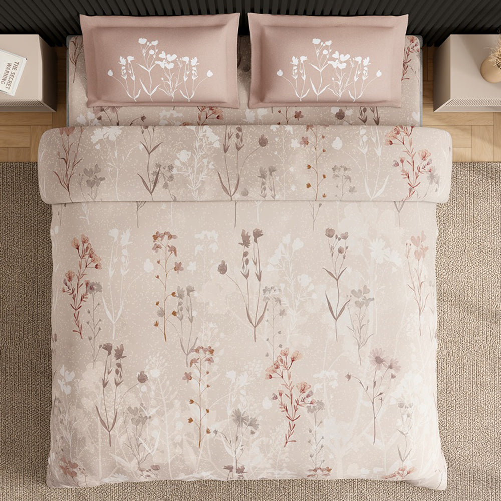 Spaces Neo Floral 100% Cotton Large Bedsheet with 2 Pillow Covers - 108 x 108 Inches, Light Beige
