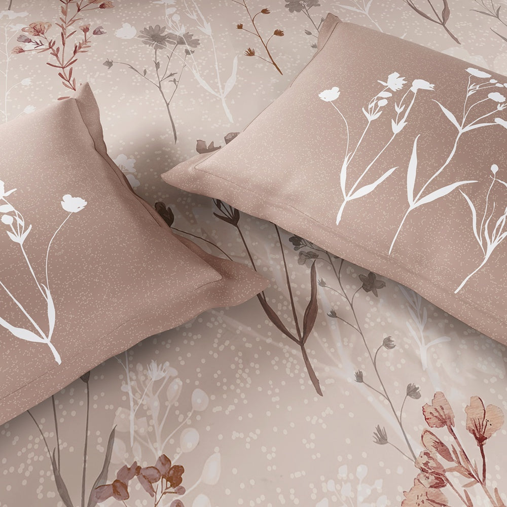 Spaces Neo Floral 100% Cotton Large Bedsheet with 2 Pillow Covers - 108 x 108 Inches, Light Beige