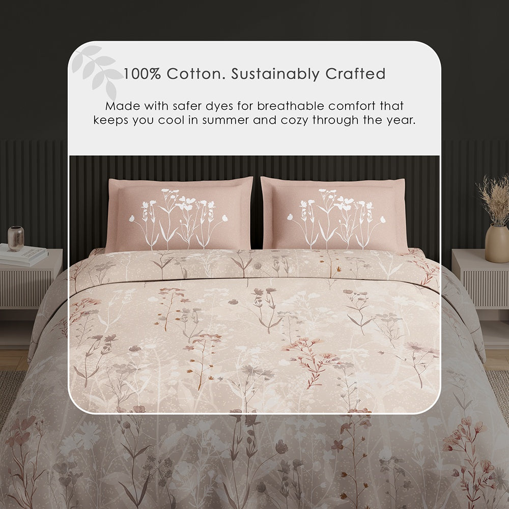 Spaces Neo Floral 100% Cotton Large Bedsheet with 2 Pillow Covers - 108 x 108 Inches, Light Beige