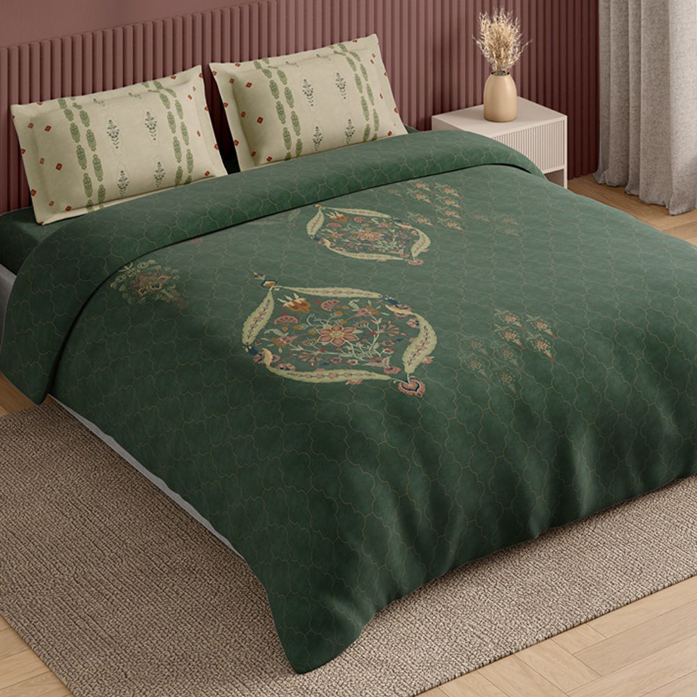 Spaces Neo Ornate 100% Cotton Large Bedsheet with 2 Pillow Covers - 108 x 108 Inches, Dark Green