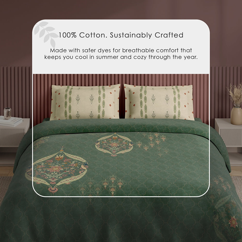 Spaces Neo Ornate 100% Cotton Large Bedsheet with 2 Pillow Covers - 108 x 108 Inches, Dark Green
