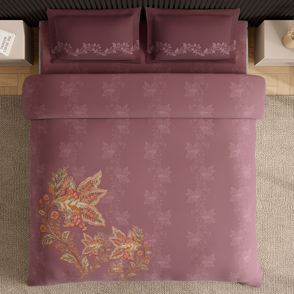 Spaces Neo Ornate 100% Cotton Large Bedsheet with 2 Pillow Covers - 108 x 108 Inches, Blush
