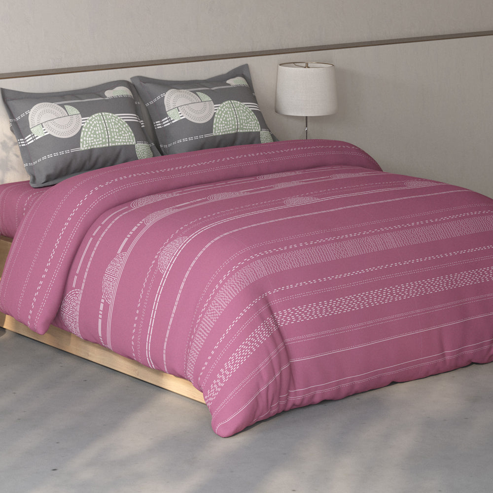 Spaces Fiora 100% Cotton Geometric Double Bedsheet with 2 Pillow Covers - 90 x 108 Inches, Dark Blush