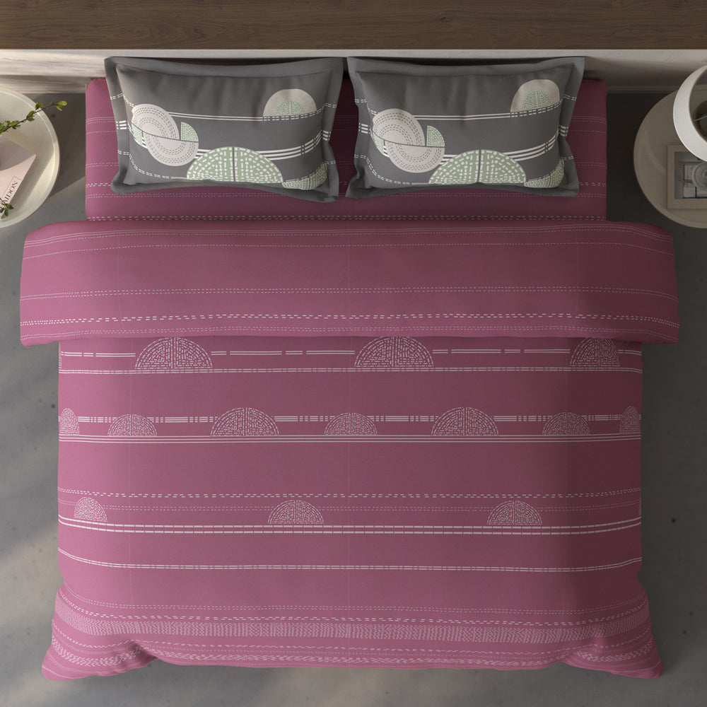 Spaces Fiora 100% Cotton Geometric Double Bedsheet with 2 Pillow Covers - 90 x 108 Inches, Dark Blush