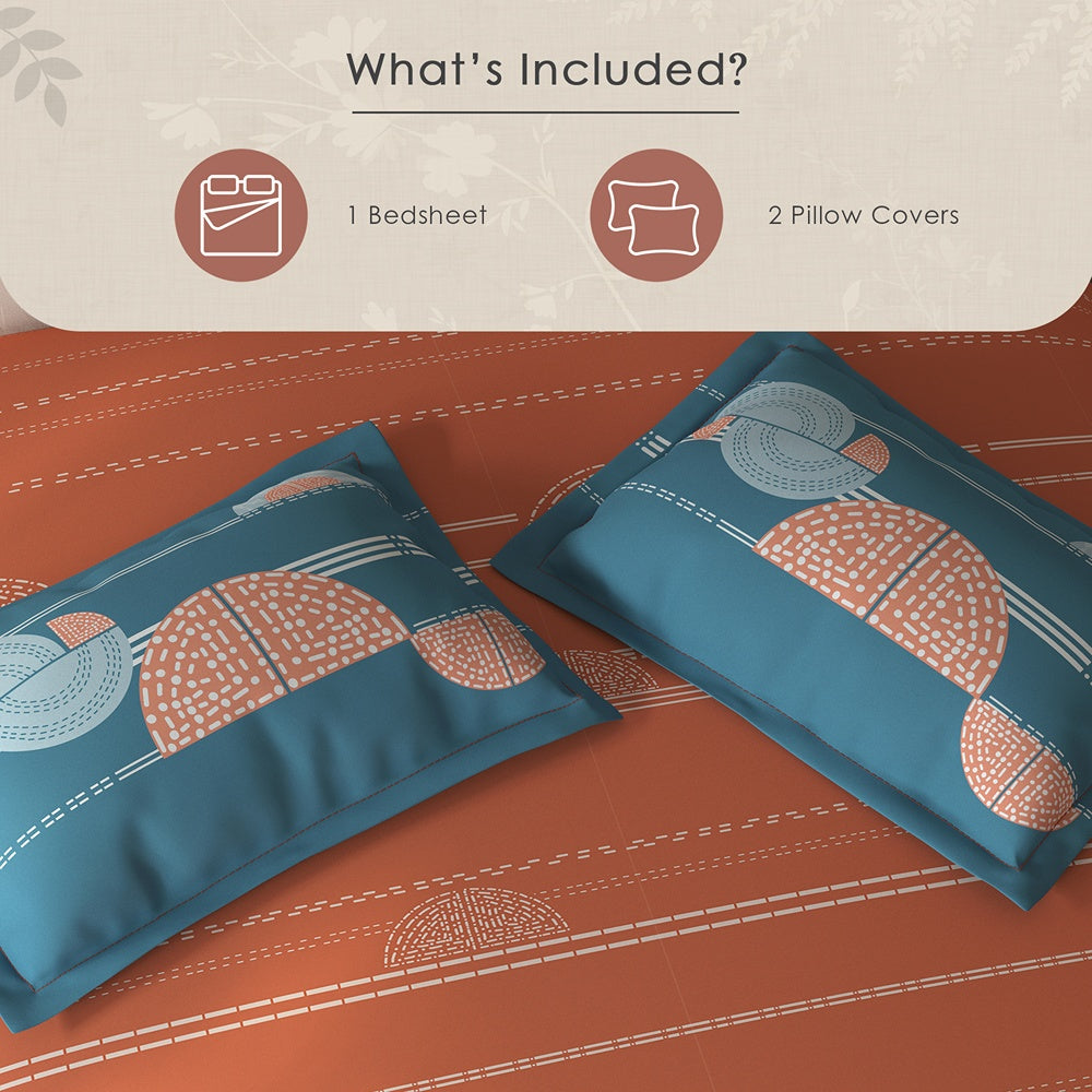 Spaces Fiora 100% Cotton Geometric Double Bedsheet with 2 Pillow Covers - 90 x 108 Inches, Rust