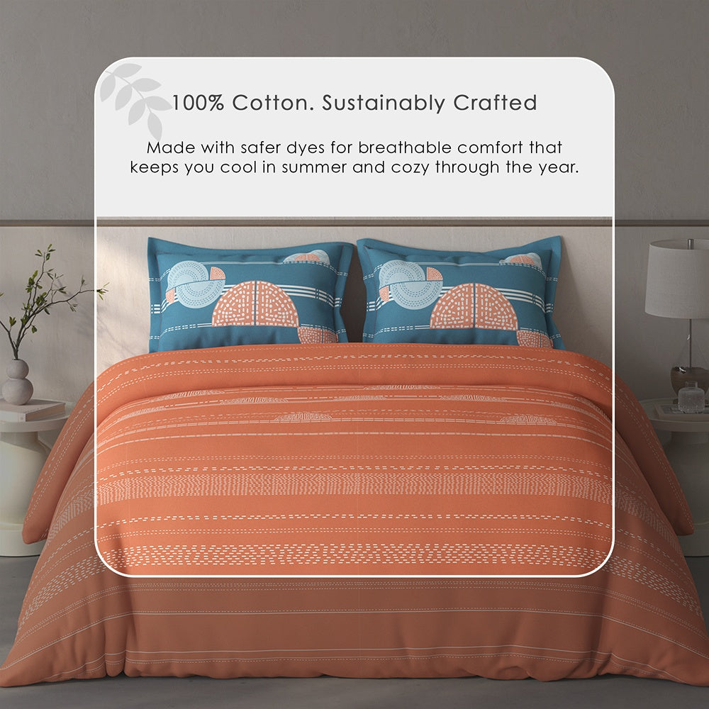 Spaces Fiora 100% Cotton Geometric Double Bedsheet with 2 Pillow Covers - 90 x 108 Inches, Rust