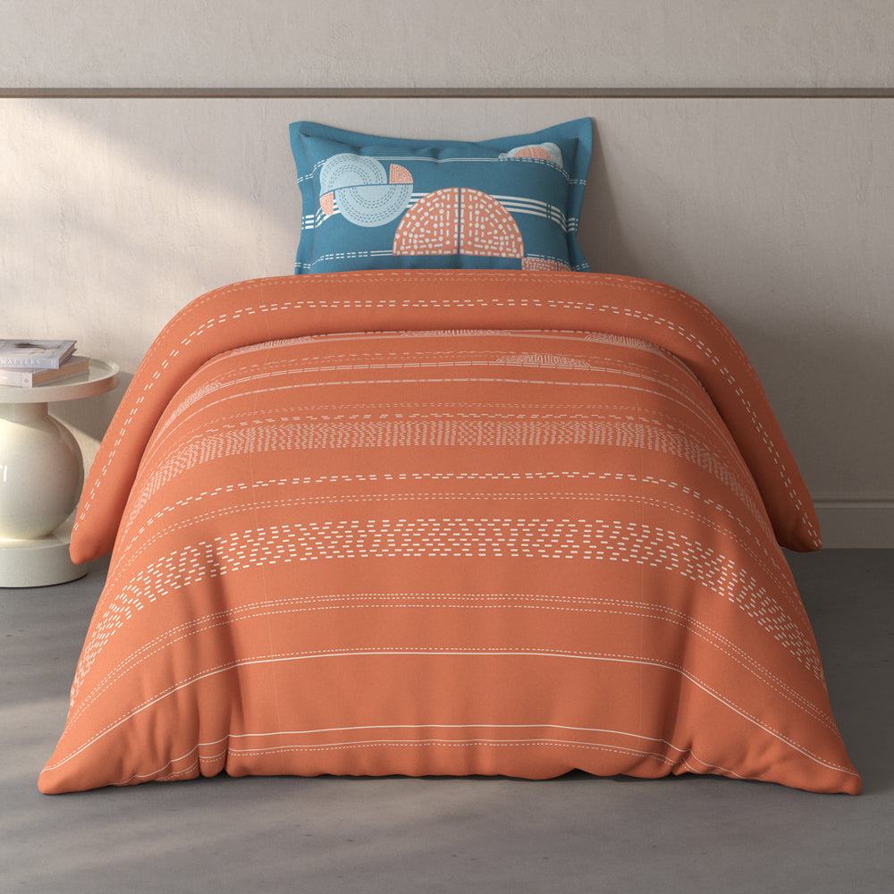 Spaces Fiora Geometric 100% Cotton Single Bedsheet with 1 Pillow Covers - 59 x 89 Inches, Rust