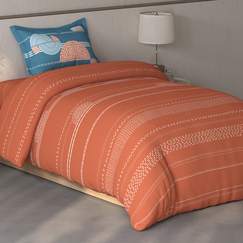 Spaces Fiora Geometric 100% Cotton Single Bedsheet with 1 Pillow Covers - 59 x 89 Inches, Rust