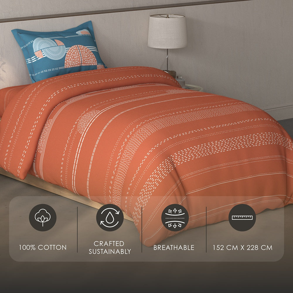 Spaces Fiora Geometric 100% Cotton Single Bedsheet with 1 Pillow Covers - 59 x 89 Inches, Rust