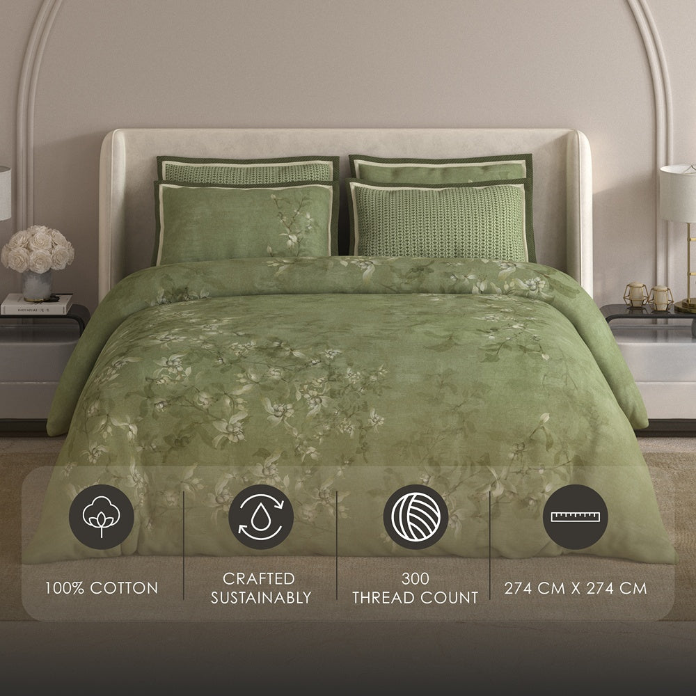 Spaces Meraki 100% Cotton 300 TC Floral Premium Large Bedsheet with 4 Pillow Covers - 108 x 108 Inches, Light Green