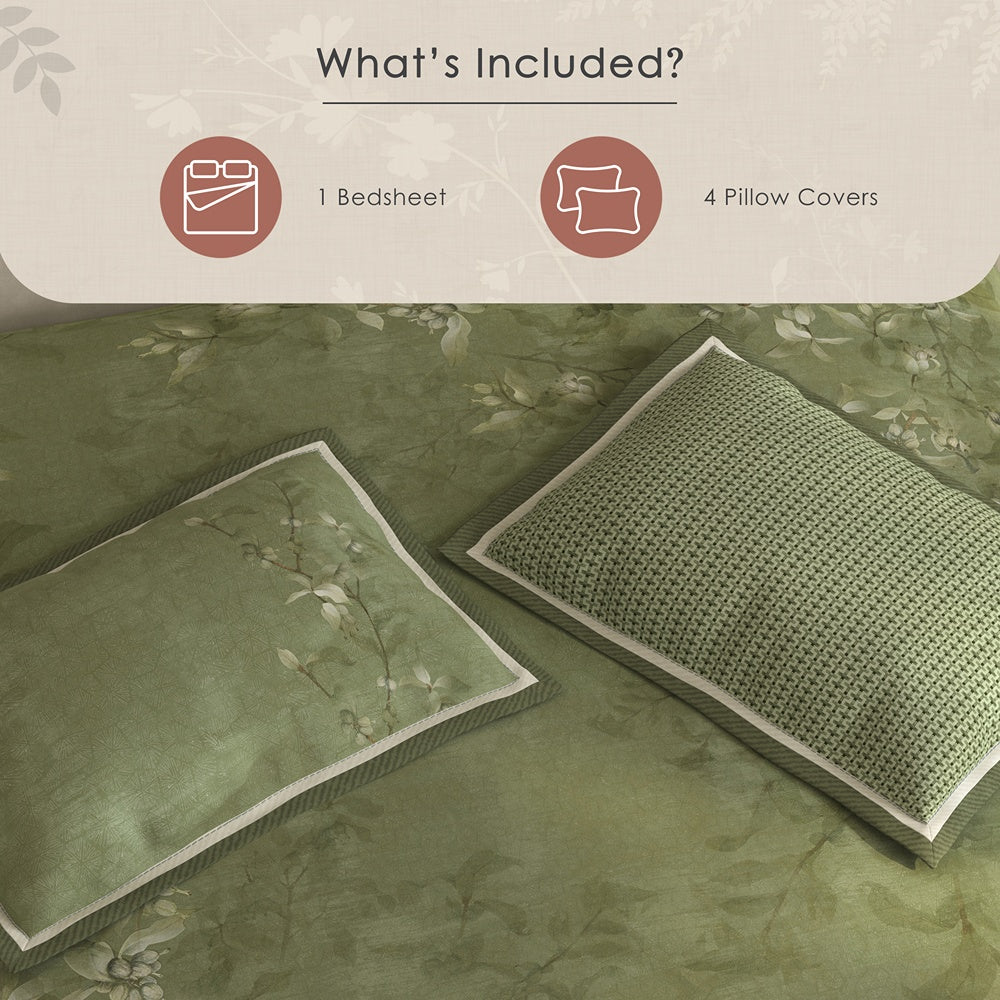 Spaces Meraki 100% Cotton 300 TC Floral Premium Large Bedsheet with 4 Pillow Covers - 108 x 108 Inches, Light Green