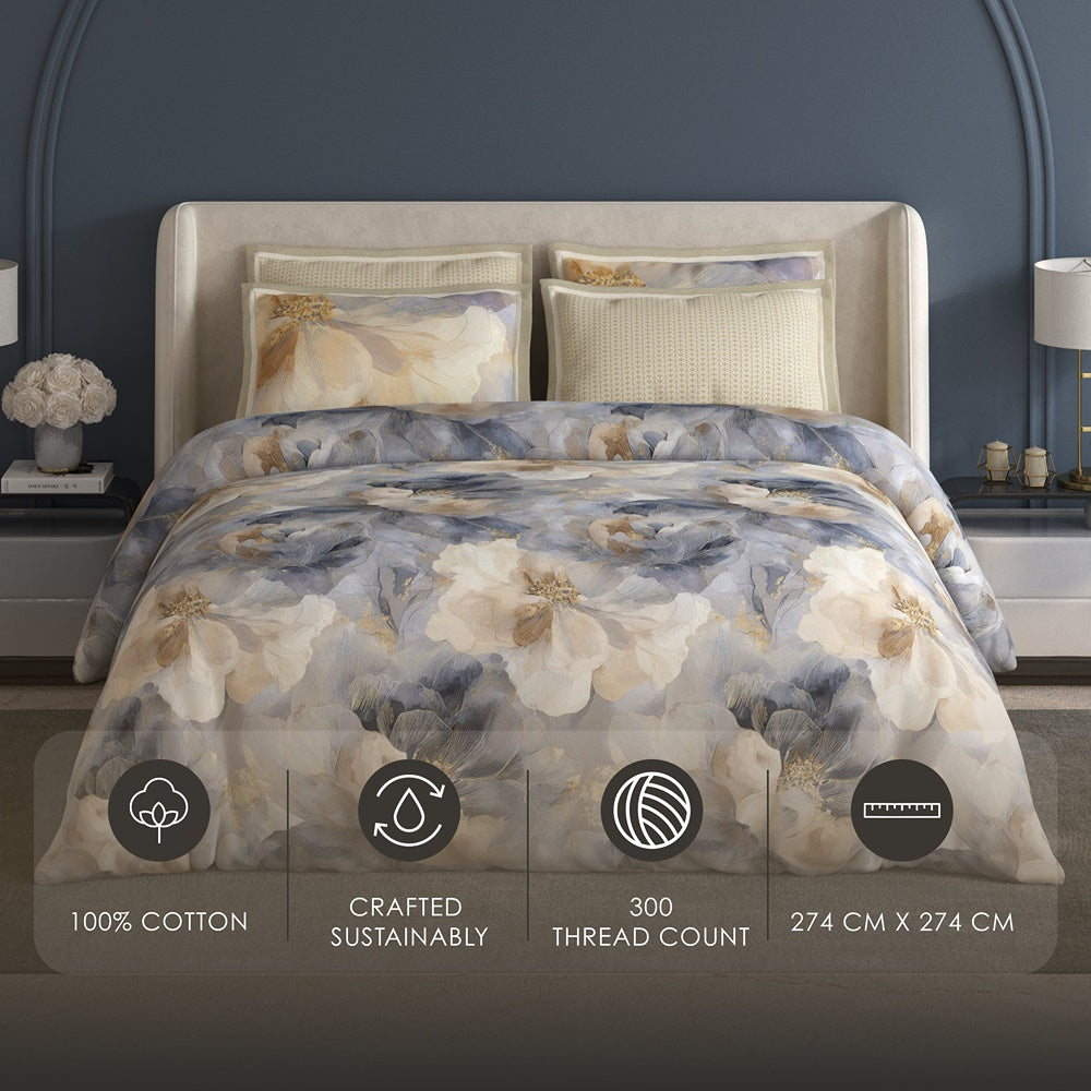 Spaces Meraki 100% Cotton 300 TC Floral Premium Large Bedsheet with 4 Pillow Covers - 108 x 108 Inches, Light Grey