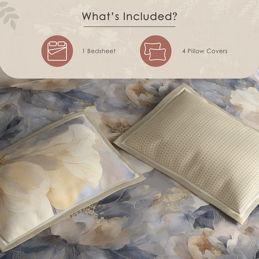 Spaces Meraki 100% Cotton 300 TC Floral Premium Large Bedsheet with 4 Pillow Covers - 108 x 108 Inches, Light Grey