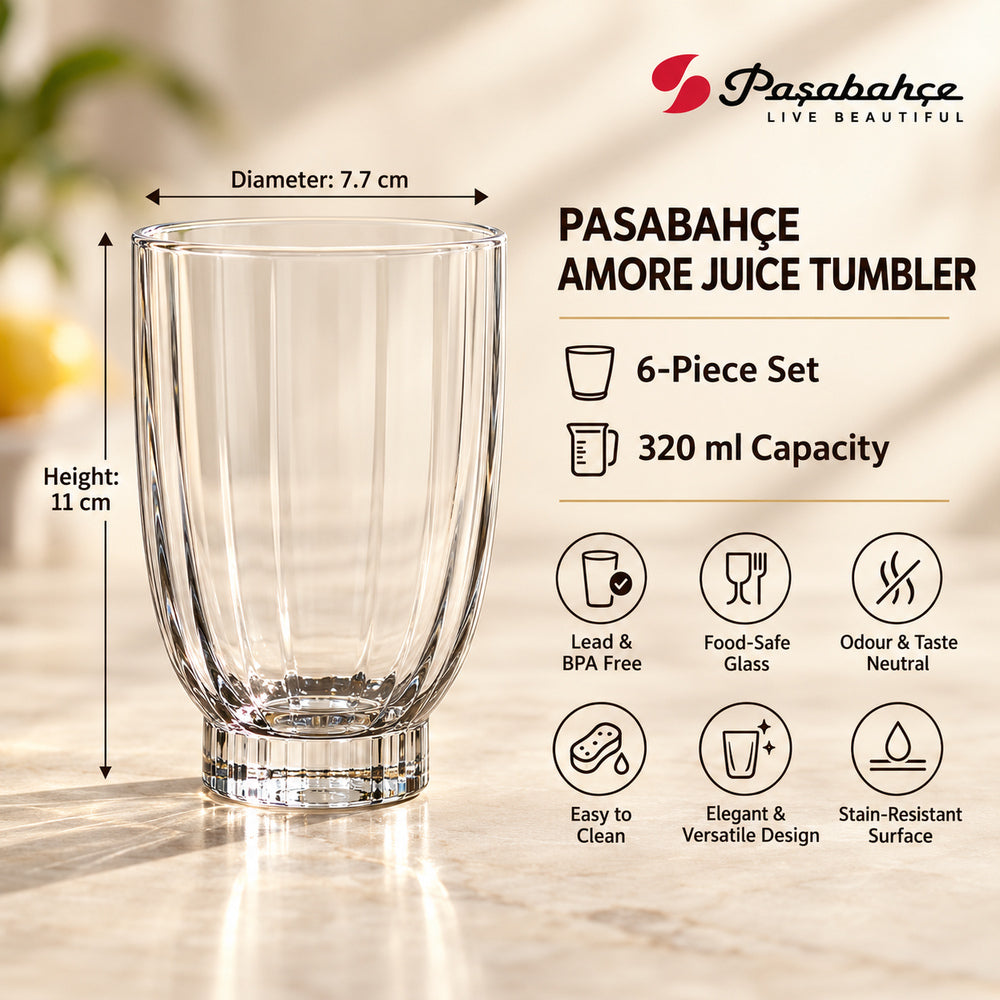 Pasabahce Amore Juice Tumbler Glass Set of 6 - 320 ml, Transparent