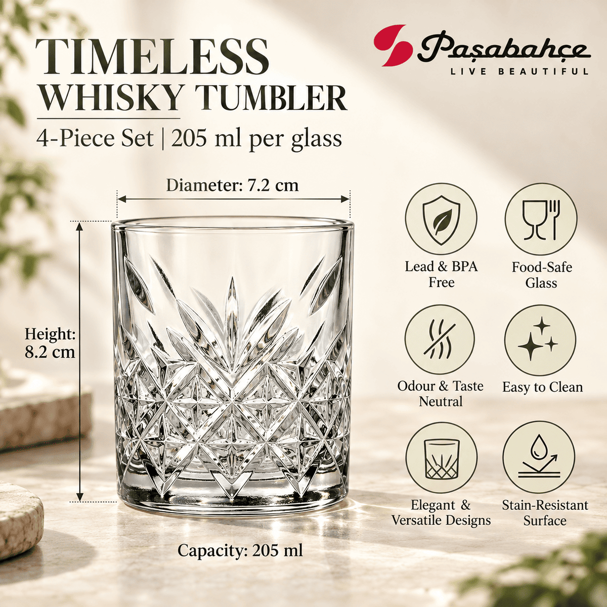 Pasabahce Timeless Whisky Tumbler Glass Set of 4 - 205 ml, Transparent