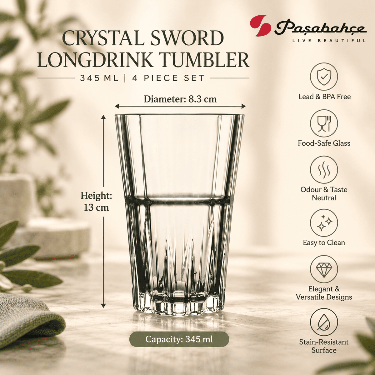 Pasabahce Crystal Sword Longdrink Tumbler Glass Set of 4 - 345 ml, Transparent