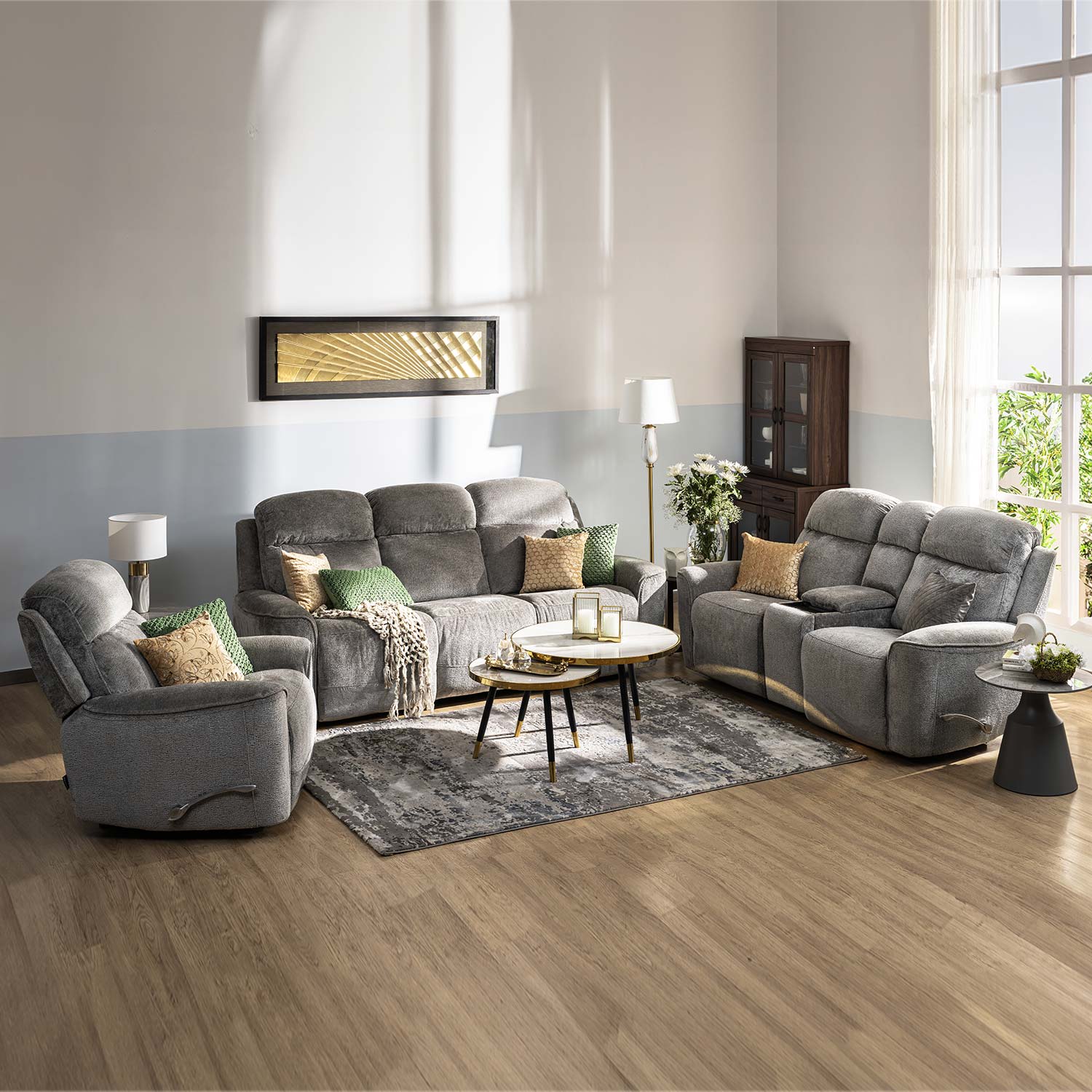 Favian 3 Seater Recliner Sofa With Dropdown Console (Grey)