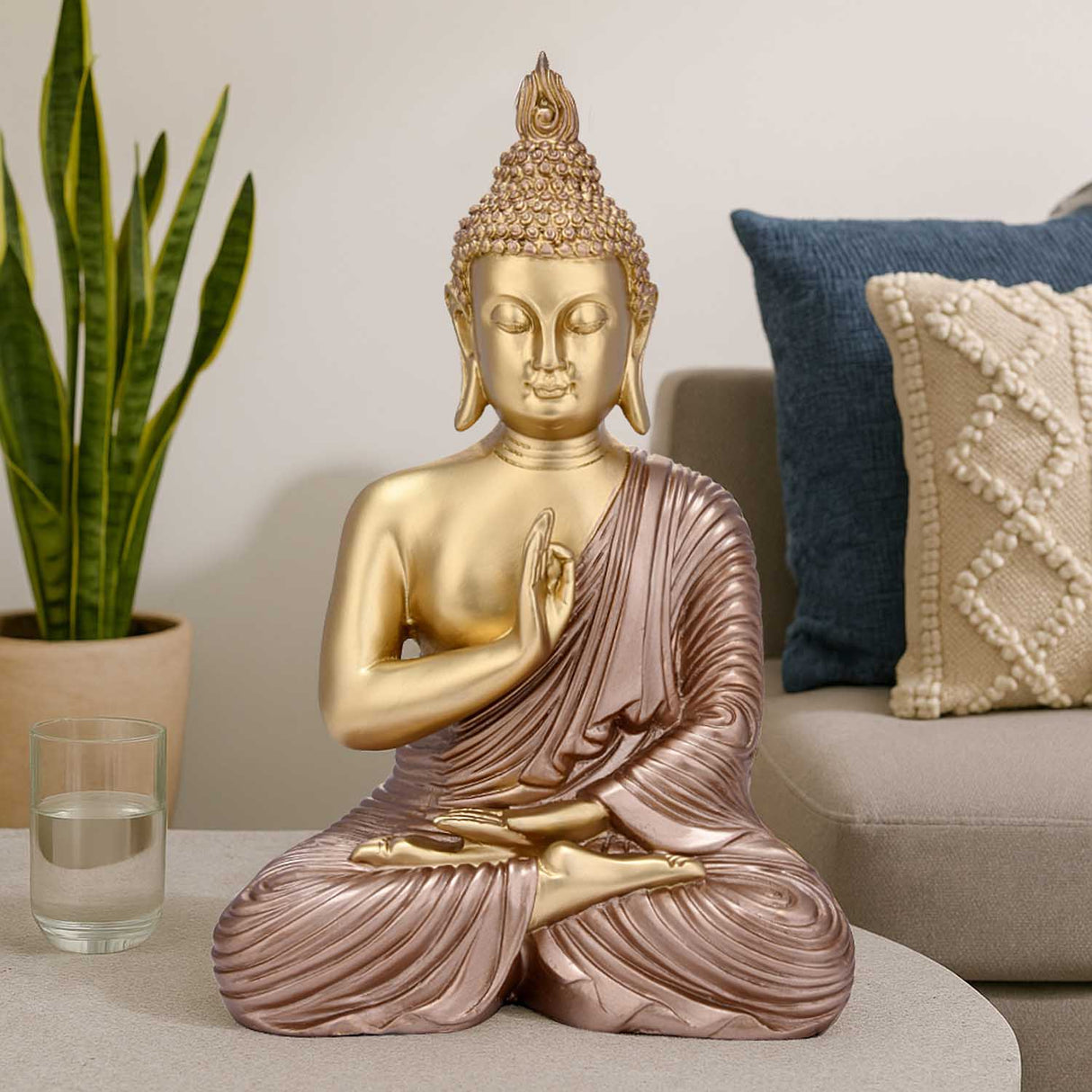 Vitarka Mudra Buddha Decorative Polyresin Showpiece- Bronze and Gold