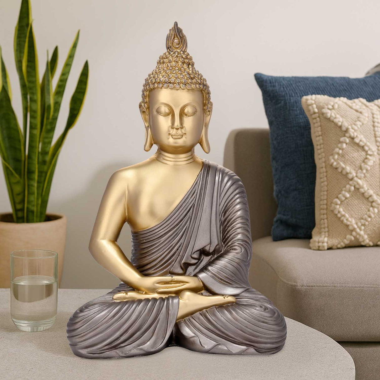 Meditating Buddha Decorative Polyresin Showpiece- Grey and Gold