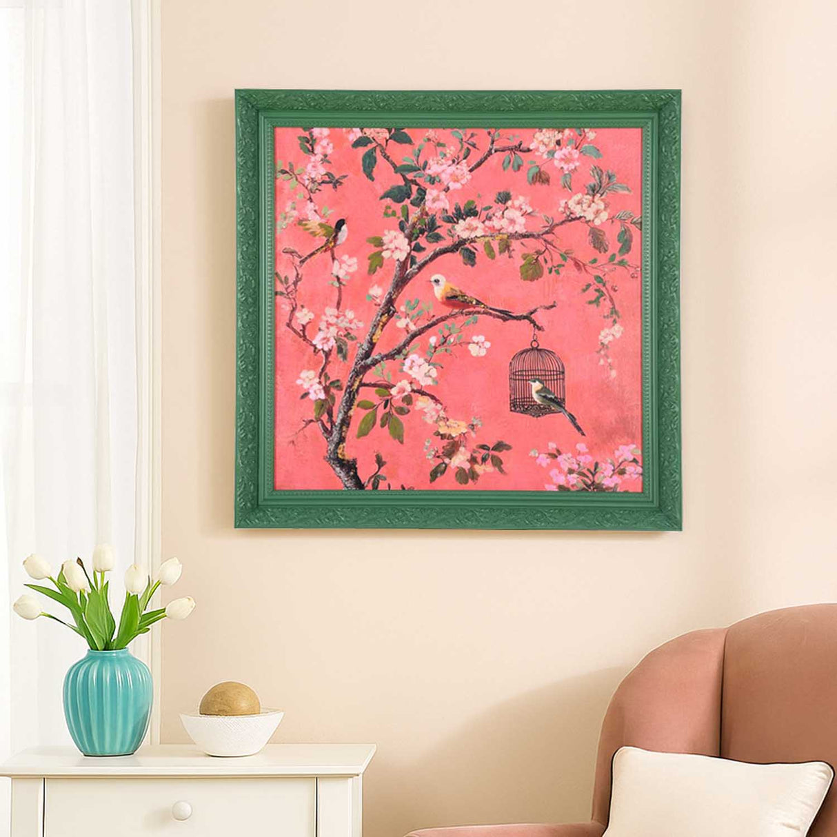 Birds in Blossom Canvas Wall Painting- Pink