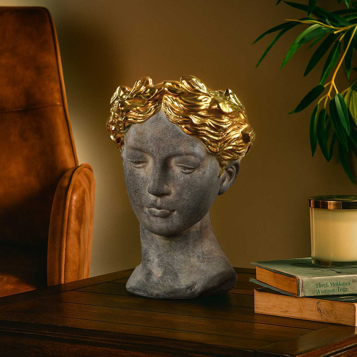 Lady Face Decorative Ceramic Showpiece- Brown and Gold