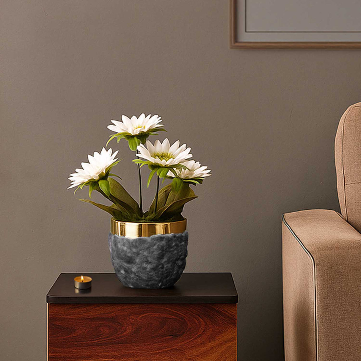 Decorative Ceramic Stone Texture Planter- Gold and Grey