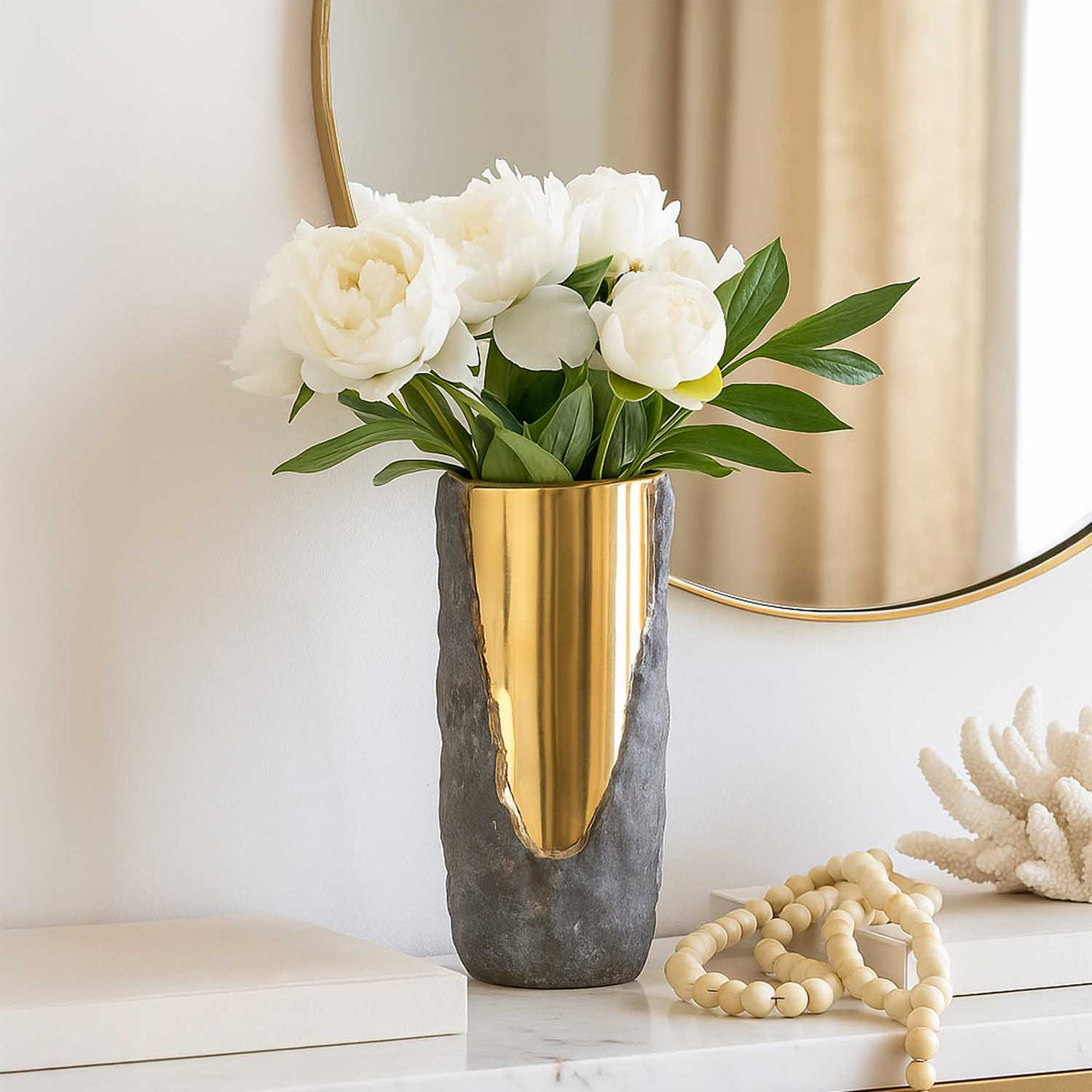 Decorative Cylindrical Shape Ceramic Stone Texture Vase- Grey and Gold